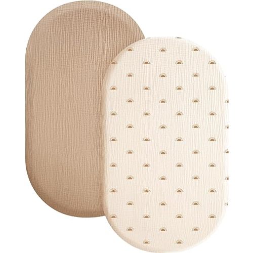 Bassinet Sheets: Konssy 2 Pack Muslin Fitted Bassinet Sheets for Baby Girl Boy, Soft Breathable Baby Bassinet Sheets Fit for Baby Bassinets, Cradle, Moses Basket Oval Rectangle Pad/Mattress (Camel, Sun) : Baby