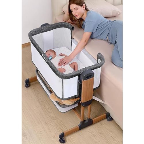 Ezebaby 3-in-1 Baby Bassinet, Rocking Baby Bassinets Bedside Sleeper, Adjustable Portable Crib for Newborn Infant with Wheels Storage Basket and Mesh Sides