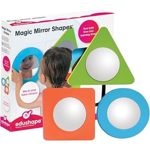 Edushape Magic Mirror Shapes Baby Bath Foam Toys Mirror - Stick-On Removable Baby Foam Bath Toys for Toddlers 1-3 - Learning Bath Toys Foam Mirror Teach Cause & Effect, Reasoning, Cognitive Skills