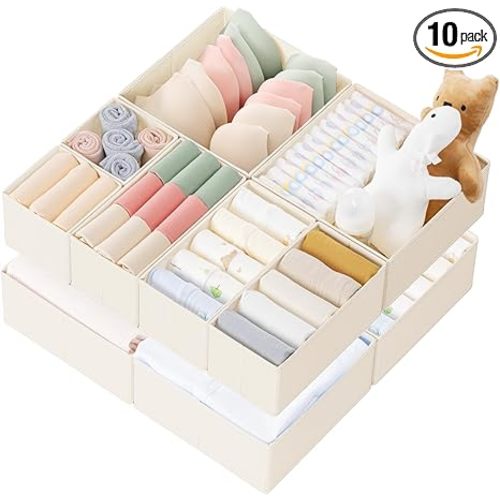 Criusia Drawer Organizer Clothes, 10 Pack Dresser Organizer for Baby Clothes, Underwear, Sock- Foldable Closet Organization and Storage Dividers Bins for Nursery, Bedroom (Beige)