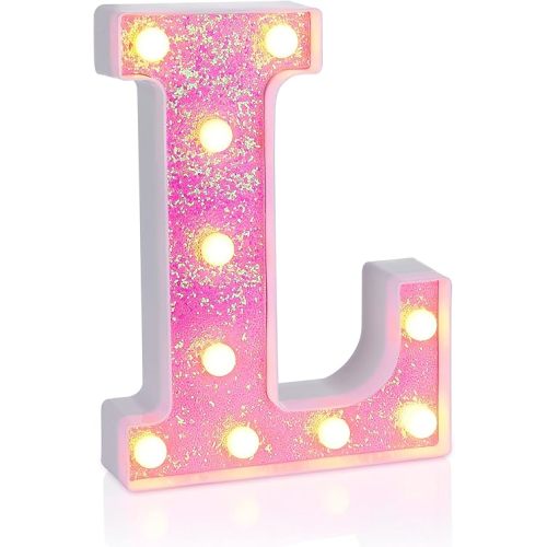 Foaky Kitty Room Decor,Pink Party Decorations,Girls Room Decor,Glitter Light Up Letters,Alphabet Letter Sign for Night Light Birthday Party Girls Gifts, Home Bar Decoration(L)