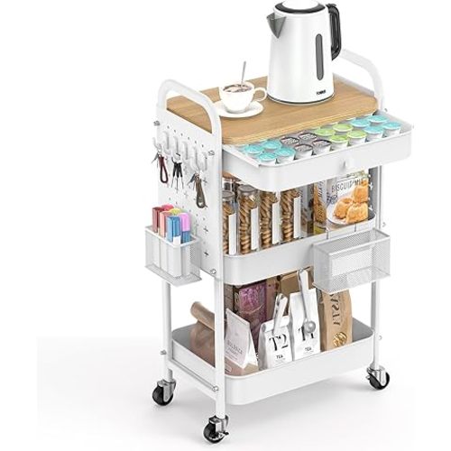 ALVOROG Rolling Cart with Drawer and Wood Table Top, 3 Tier Metal Rolling Utility Cart on Wheels with DIY Pegboards, Hanging Baskets, Hooks for Kitchen, Bedroom, Office, Craft Supplies
