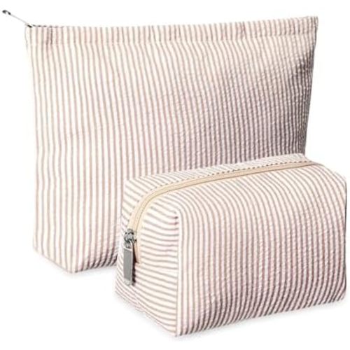 2 Pieces Makeup Bag Set Cute Cosmetic Pouch for Women Travel Toiletry Bag Preppy Small Makeup Purse Pouch Aesthetic Skincare Brushes Storage Organizer for Women(Khaki)
