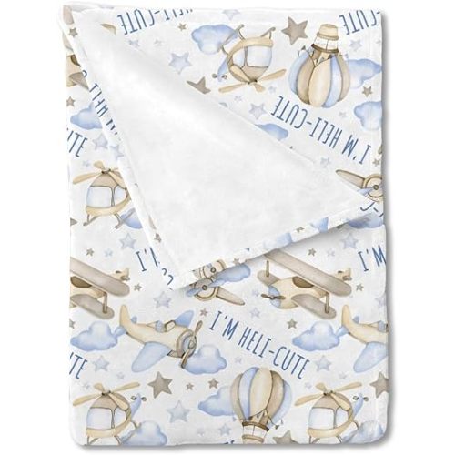 HawSkgFub Airplane Helicopter Baby Blanket Boys Shower Gift, Hot Air Balloon Air Transport Flannel Fleece Nursery Bed Receiving Blankets, Soft Lightweight Newborn Infant Toddler Crib Bedding 30 x 40