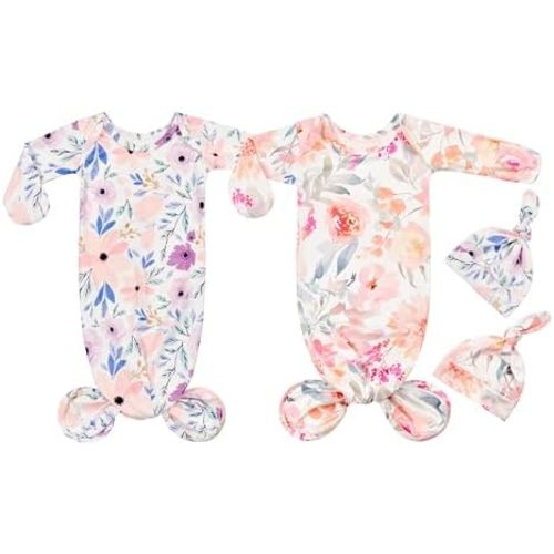 Newborn Baby Knotted Gown Sleeper Gown with Mittens Long Sleeve Nightgown Baby Coming Home Outfit with Hat 2 Pieces