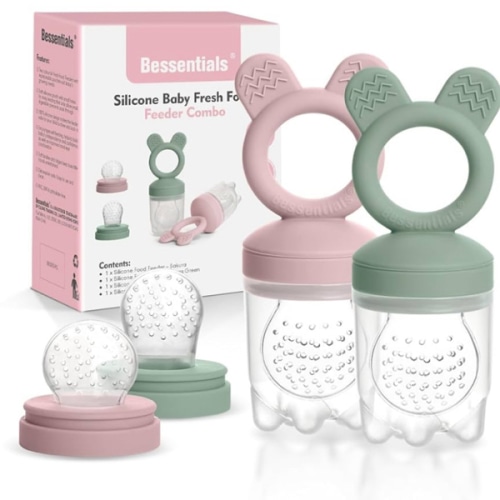 Bessentials Baby Fresh Fruit Food Feeder - 2 Pack Silicone Mesh Feeders for Infant Safe Self Feeding |3 Sizes Food Pouches Included| Suitable for Baby 4m+ (Light Pink & Grass Green)