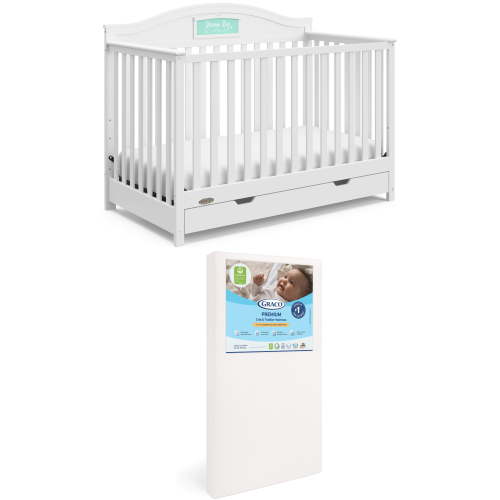 Graco Story Customizable 5-in-1 Convertible Crib with Drawer and Premium Crib & Toddler Mattress Bundle, White