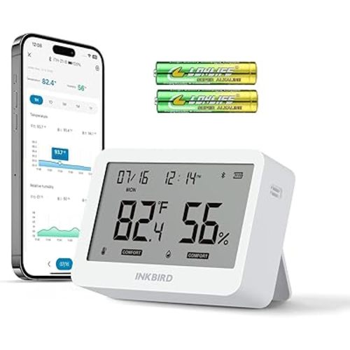 INKBIRD ITH-21-B Bluetooth Thermometer Hygrometer, Indoor Temperature Humidity Sensor with Large Screen Display, App Notification Alert, Free Data Storage Export for Home Office Greenhouse