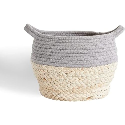 Levtex Baby - Mozambique Nursery Hamper - Round Storage Basket - Rope and Straw - Grey and Natural - Nursery Accessories - Size: 9.1 x 9.1 x 7.9in.