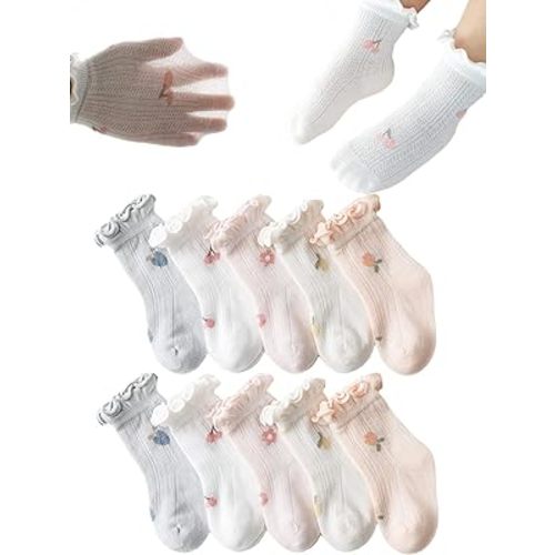 Newborn Baby Girl Socks Princess Ruffles Infant Toddler Dress Socks Pointelle Eyelet Booties Thin Mesh Socks 5 Pairs