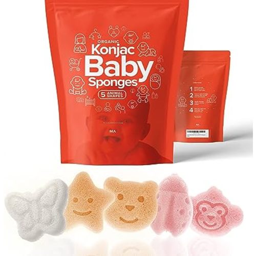Konjac Baby Sponge for Bathing | Natural Cute Shapes | Kids Bath sponges for Infants | Toddler Bath time | Safe Organic Plant-Based | 5pcs Set : Bear, Monkey, Butterfly, Ladybug, Star