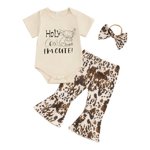 Kavousa Western Baby Girl Clothes Cow Pirnt Romper Top and Flared Pants with Headband Baby Bell Bottom Pants Outfit