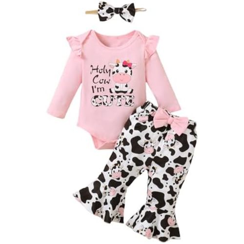 Baby Girl Cow Print Outfit Infant Cow Clothes for Girls Baby Bell Bottom Outfit Sets