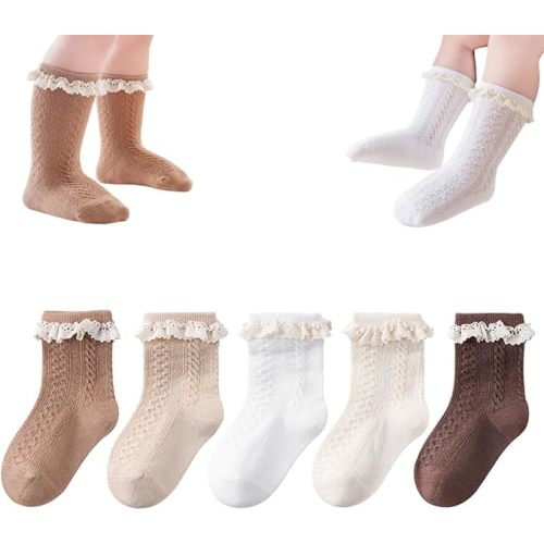 Baby Girl Socks Toddler Girls Ruffle Socks Little Girl Frilly Dress Socks Newborn Crew Cotton Long Socks - 6-12 Months - 5 Pairs-ruffle Lace