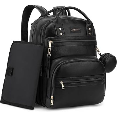 Premium Vegan Leather Diaper Bag Backpack with Waterproof Changing Pad, Reinforced Zippers & Odor-Free, 20 Pockets Pro Organizer, Fits 15.6" Laptop, Stroller Straps, Baby Bag for Mom, Black