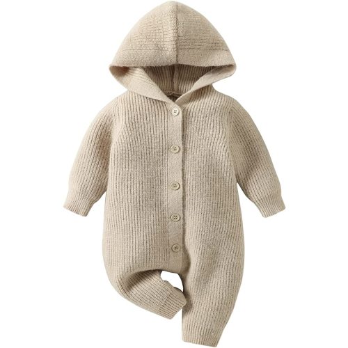 SHIBAOZI Infant Boys Girls Wool Knit Hooded Romper Long Sleeve Solid Button-Down Baby Winter Clothes Warm Outwear - 0-6 Months - Khaki