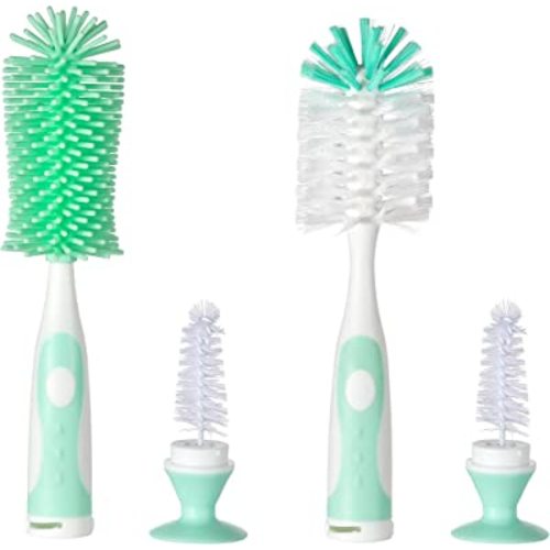 Multifunctional Cleaning Brush, Baby Bottle Brush, Bottle Brush Cleaner (Rotate The Suction Cup to Obtain The Small Bristle Brushes) Set Z, Green, Silicone and Nylon Brush