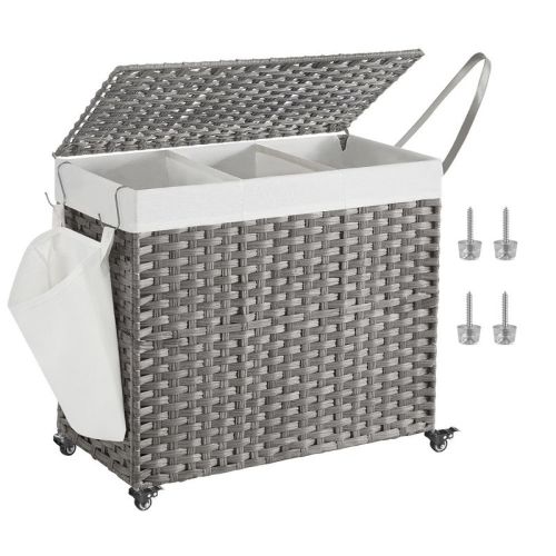 Songmics 160l Laundry Hamper With Lid Rolling Laundry Basket With Wheels 3-section Synthetic Rattan Laundry Hamper Gray