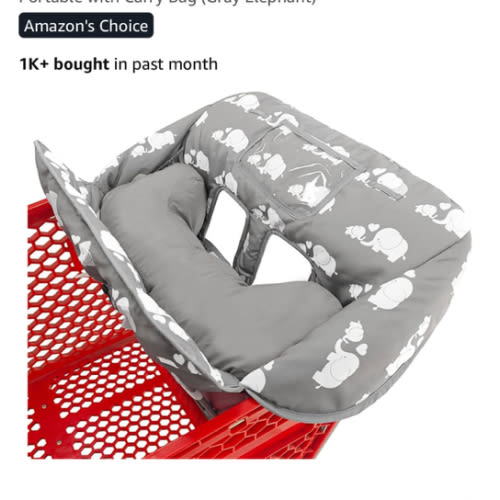 Soft Pillow Attached 2-in-1 Shopping Cart and High Chair Cover for Baby, Cotton Padded Cart Cover, Fold'n Roll Style, Portable with Carry Bag (Gray Elephant)