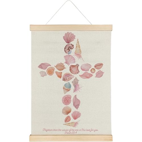 SereneHanctuary Pink Coastal Beach Christian Wall Art, Bible Verse Wall Decor, Psalm 93:4 Scripture Pink Seashell Poster Hanger Frame for Girls Bedroom Home Church Decor, 12x16 Inches