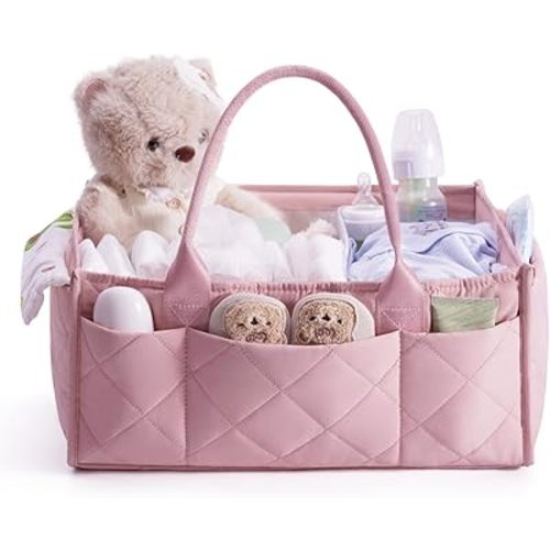 CEI-CEI Baby Diaper Caddy Organizer Large Nursery Storage Basket with Removable Dividers for Newborn Essentials,Changing Table and Car Organizer for Baby Diaper Storage,Baby Shower Gifts（Baby Pink）