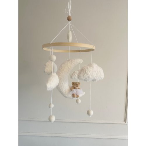 BALLERINA MOON cot mobile, teddy sitting on moon surrounded by boucle clouds, for neutral nursery decoration