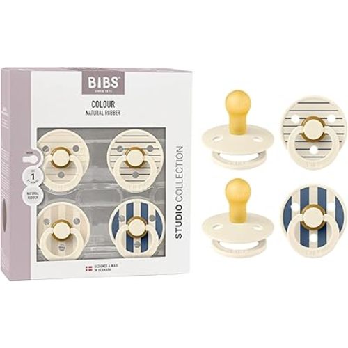 BIBS Studio Pacifier 4-Pack, BPA Free Pacifiers, Round Nipple. Natural Rubber Latex, Made in Denmark, Size 1 (0-6 Months), Ivory