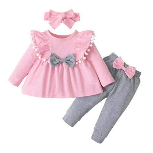 Baby Girls Outfit Cotton Blend Long Sleeve Bowknot Tassel Tops Pants Headbands Clothes Sets for Girls Size 3-6 Months