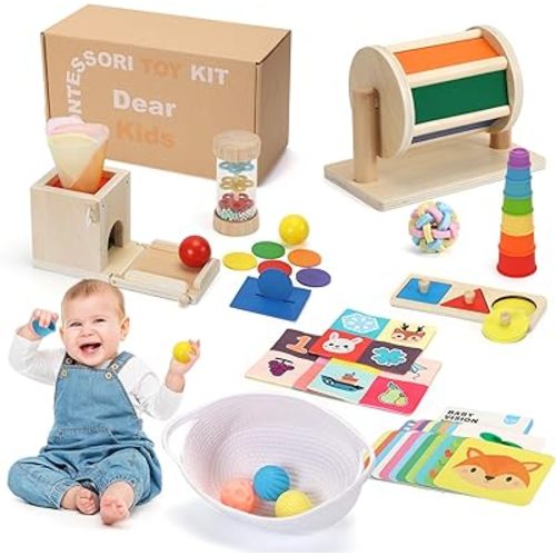 Child-Safe Montessori Educational Sensory Toy Set for Babies and Toddlers 6-12 Months - Must-Have for Early Development - 10 in 1 Wooden Learning Toy kit with Object Permanence Box, Stacking Cups etc