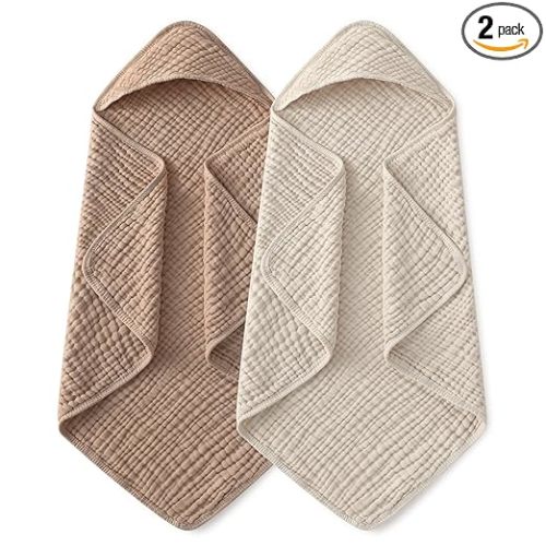 Yoofoss Hooded Baby Towels for Newborn 2 Pack 100% Muslin Organic Cotton Baby Bath Towel with Hood for Babies, Infant, Toddler and Kids, 32x32Inch, Soft and Absorbent Newborn Essential, Beige&Coffee