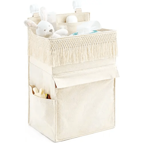 Mkono Diaper Organizer Caddy Macrame Hanging Baby Diaper Storage for Crib Changing Table Essentials Bag Boho Decor Diaper Stacker Holder for Nursery Bedroom, Newborn Gift, Ivory