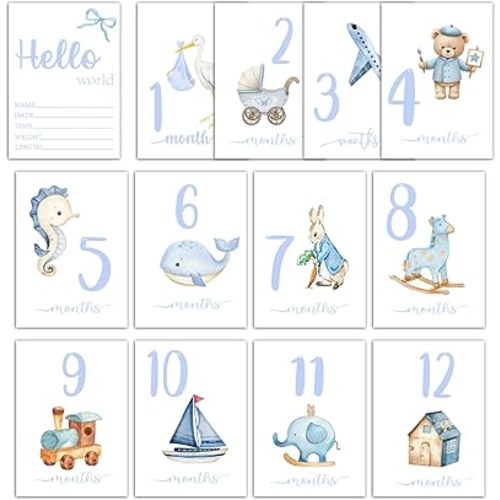 Blue Monthly Milestone Signs, Cute Baby Milestone Cards, Monthly Photos Pictures Newborn Photography Prop,13 PCS Baby First Holiday Cards Pregnancy Journey Birth Gift Birth Announcement Sign-07