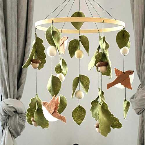 Baby mobile neutral forest birds green flora leafs nature woodland, gift baby shower, Farmhouse decor nursery Crib cot