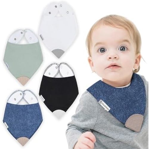 Bazzle Baby Bandana Teething Bib 4-Pack – Double layer Drool Bibs for Boys & Girls, Silicone Teether for Teething Relief, Adjustable & Absorbent Baby Bibs for Drooling - Denim & Sage (Peyton)