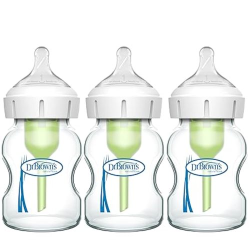 Dr. Brown's Natural Flow Anti-Colic Options+ Wide-Neck Glass Baby Bottles 5 oz/150 mL, with Level 1 Slow Flow Nipple, 3 Pack, 0m+ - 3 Pack, 5 oz