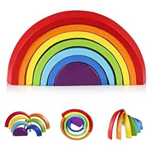 Coogam Wooden Rainbow Stacker Nesting Puzzle Blocks - Tunnel Stacking Game Building Creative Color Shape Matching Jigsaw Learning Toy Set Board Early Development Gift for Kids Boy Girl