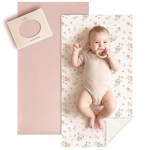 Konssy Faux Leather Baby Changing Mat, Waterproof, Wipeable & Portable Diaper Changing Pad for Travel or Home, Fits Perfectly in Diaper Bag, 30 x 17 inches (Blush,Beige)