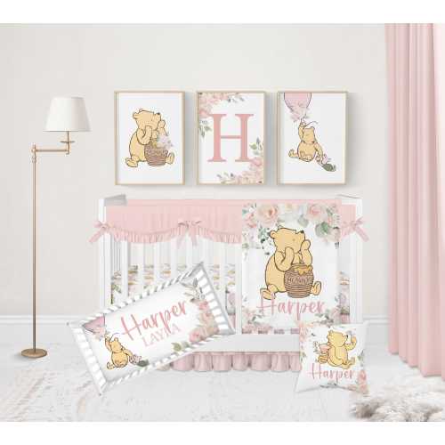 Winnie-the-Pooh Crib Bedding Set Girl, Pink Baby Girl Bedding, Classic Winnie-the-Pooh Nursery Decor, Vintage Baby Bedding Floral Crib Sets