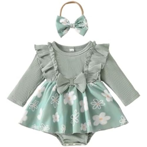 Thorn Tree Newborn Baby Girls Floral Romper Dresses Ruffle Knitted Long Sleeve Bow Infront Jumpsuit Headband Fall Outfits