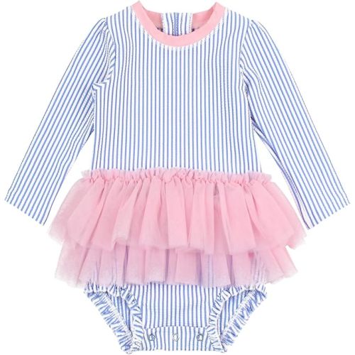 RuffleButts Baby Girls UPF 50+ Sun Protection Tulle Skirted Long Sleeve One Piece Rash Guard Swimsuit