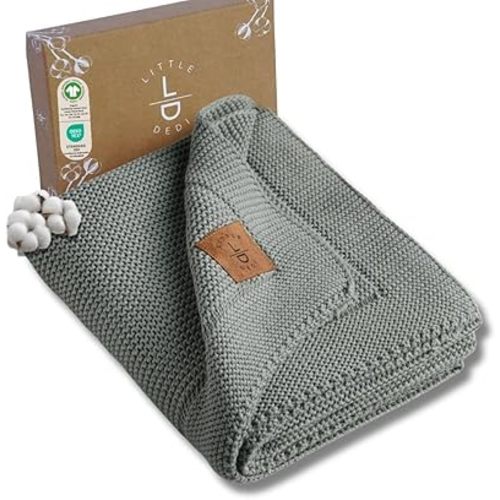 100% Organic Cotton GOTS Certified Baby Knitted Blanket with Gift Box - Soft Toddler, Crib, Stroller Blanket - Neutral Swaddle and Receiving Blanket for Newborns, 30"x40", Green