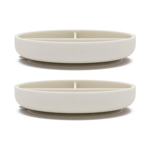 Lalo Suction Plates - 2 Pack, 100% Silicone Non-Toxic BPA-Free Baby Plates with Suction Base To Prevent Accidental Tip-Overs - Suction Plates for Toddlers With Three Divided Sections - Oatmeal