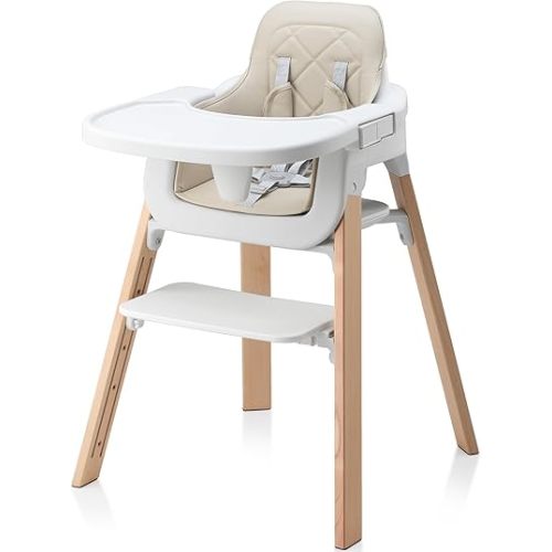 JMMD High Chair, High Chairs for Babies and Toddlers, 3 in 1 Convertible Wooden Baby HighChair 5-Point Safety Harness, Removable Tray and Adjustable Footrest, Khaki