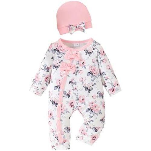 Mioglrie Newborn Baby Girl Clothes Long Sleeve Romper Infant Fall Winter Outfits Floral Hat Jumpsuit Preemie Girl Clothes