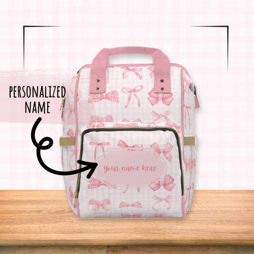 Personalized Name Baby Diaper Backpack Bag Coquette Pink Ribbon Bows Gingham Multi-Purpose Custom Girly Coquettecore Everyday Travel Tote