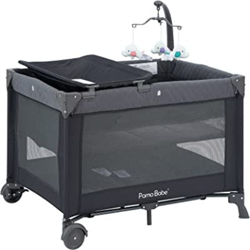 Pamo Babe Portable Crib for Baby, Portable Baby Playpen with Bassinet and Changing Table Grey