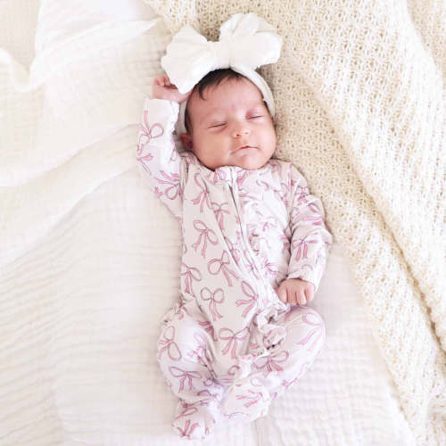 Blushing Bows Ruffle Zipper Footie - 6-9M