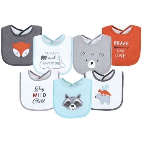 Hudson Baby Infant Boy Cotton Terry Drooler Bibs With Fiber Filling, Boy Gray Woodland, One Size