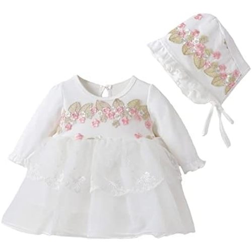 Toddler Baby Girl Long Sleeve Fall Dress Flower Lace Wedding First Birthday Baptism Christening Dresses with Hat Outfit