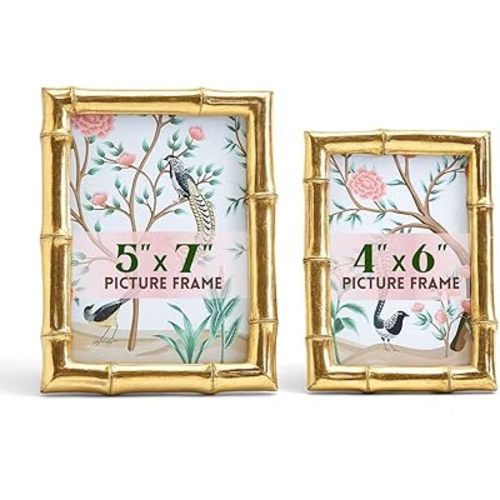 Two's Company Bamboo Picture Frames, Decorative Wall & Tabletop 5x7 & 4x6 Gold Frame Set - Vertical/Horizontal Display